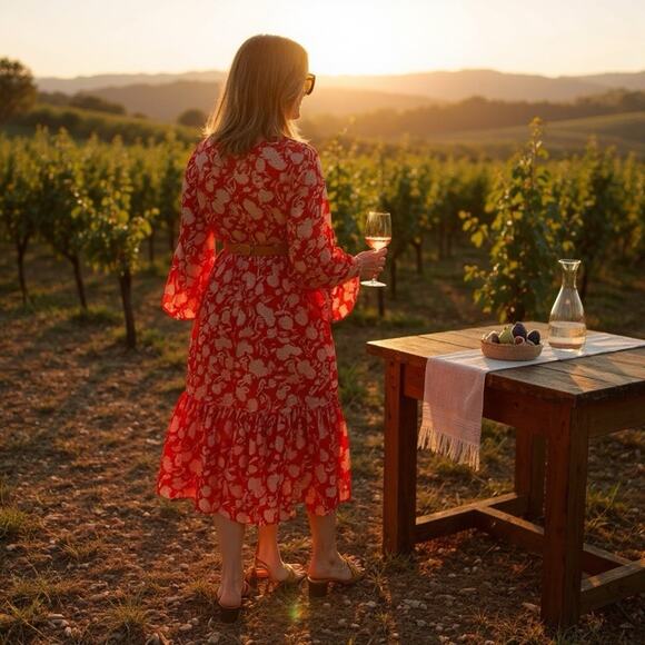 Universal Thread Midi Dress XXL Red Floral Long Balloon Sleeves Ruffle Boho - Picture 2 of 16